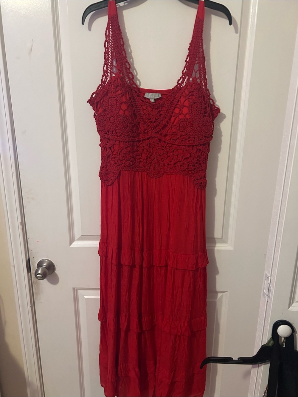 Sleeveless Red Crochet Maxi Dress with Tiered Skirt